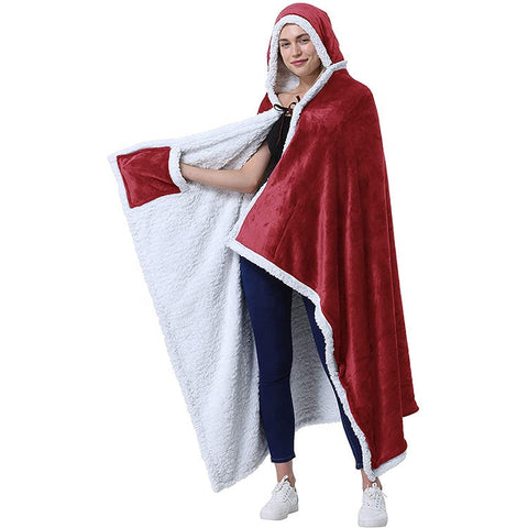 Oversized flannel sherpa hooded blanket wearable fleece blanket with hand pockets