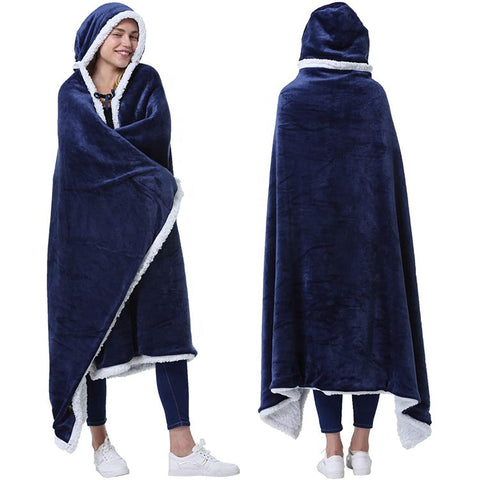 Oversized flannel sherpa hooded blanket wearable fleece blanket with hand pockets