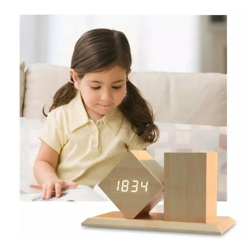 Desk Table Alarm Wooden LED Clock with Pen Holder