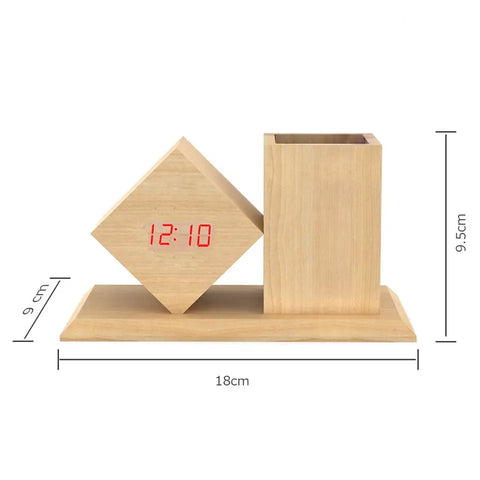 Desk Table Alarm Wooden LED Clock with Pen Holder