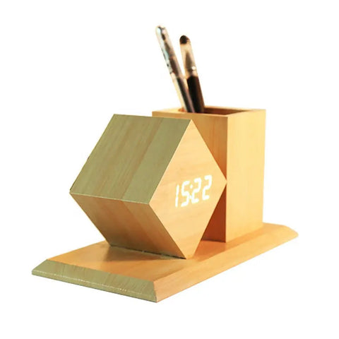 Desk Table Alarm Wooden LED Clock with Pen Holder